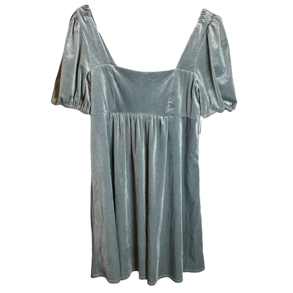 Vylette Winter Solstice Velvet Puff-Sleeve Babydoll Dress NWT Large Aqua - Picture 2 of 13